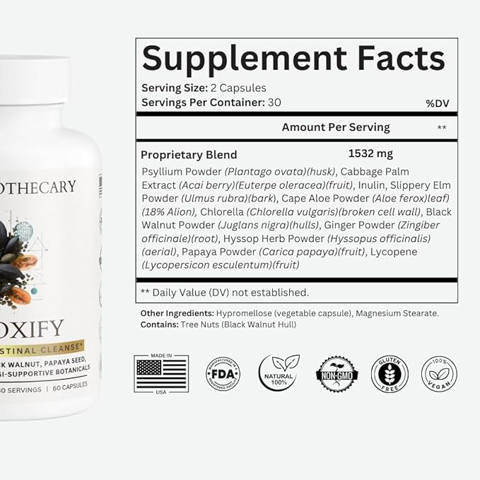 Detoxify Advanced Cleanse - Black Walnut Papaya Seed Herbal Formula - Gut Health Support with Chlorella Psyllium Aloe Fiber - Intestinal Wellness Blend - Vegan Non-GMO Gluten-Free - 60 Capsules