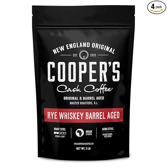 Rye Whiskey Barrel Aged Coffee Single-Origin Ethiopian Beans Aged in Rye Whiskey Barrels Medium Light Roast Whole Bean 2 lb