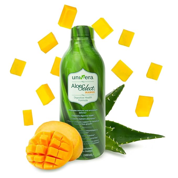 Univera Aloe Vera Juice Preminum Organic Aloe Vera Digestive Enzymes for Gut Health Immune Support Prebiotic Supplement Reduces Inflammation Mango Flavor 30 Day Supply (33 fl oz)