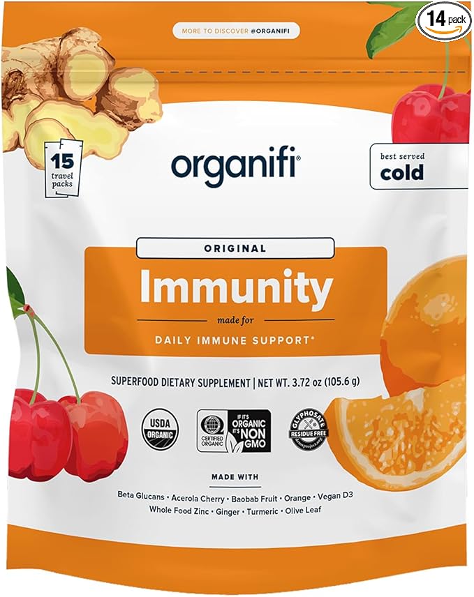 Organifi Immunity - Organic Superfood Immunity Support - 15 Single Serve Packets - Immunity Powder for T Cell Production and Upper Respiratory Health - Mushroom Beta Glucans Vitamin C D and Zinc