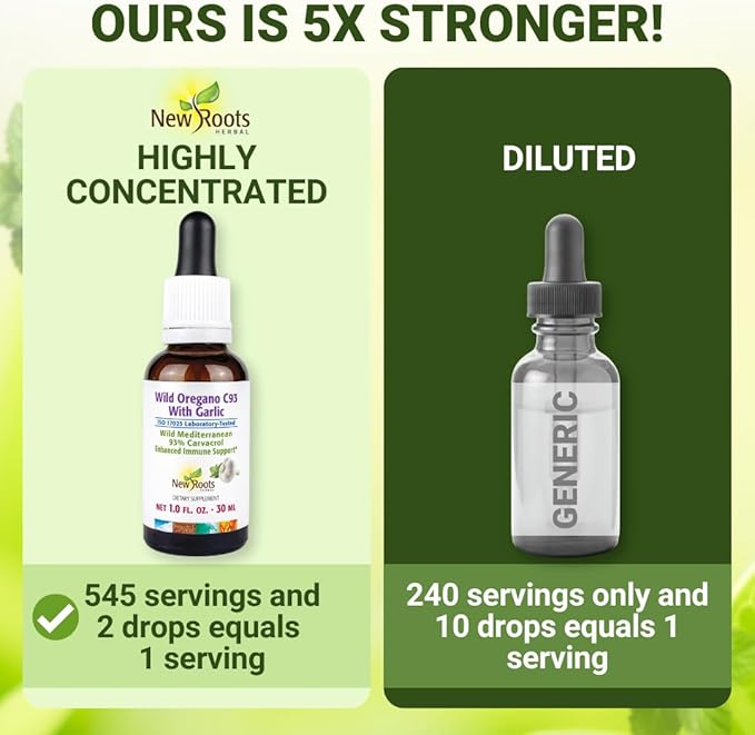 NEW ROOTS HERBAL Wild Oregano Oil Tincture with Garlic (1 fl oz) | 93% Carvacrol Oregano Oil Drops Enhanced Immune Support Supplement l Non GMO Vegan GMP Certified