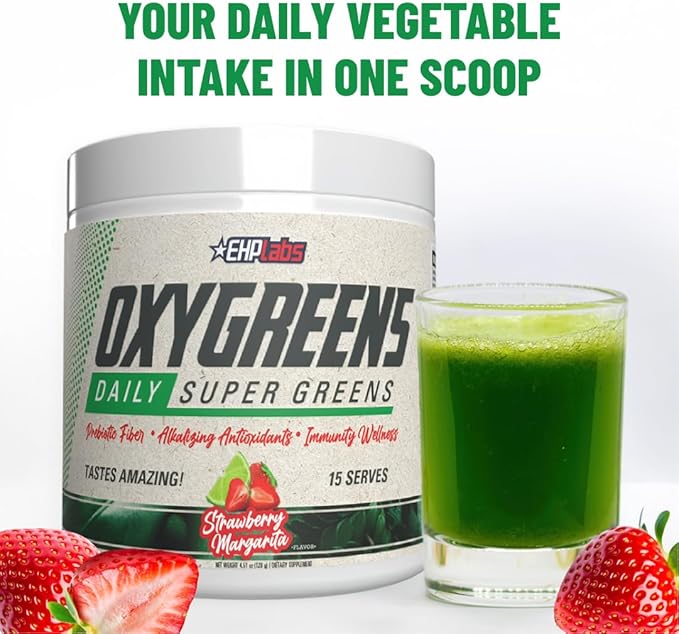 EHP Labs OxyGreens Super Greens Powder with Spirulina &amp Chlorella Prebiotic Fiber Probiotics &amp Digestive Enzymes – Antioxidant Green Superfood Supplement - 15 Serves (Strawb. Margarita)