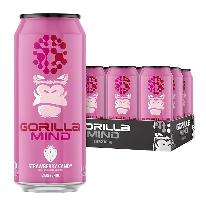 Gorilla Mind Energy Drink | Unmatched Energy · Amplified Focus | N-Acetyl-L-Tyrosine Alpha-GPC 200mg Caffeine Uridine Saffron | 0 Sugar Or Artificial Colors | 16oz 12-Pack (Strawberry Candy)