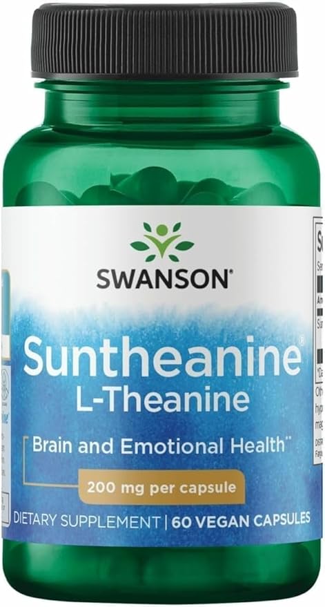 Swanson Double Potency Suntheanine L-Theanine Calm and Focus Supplement for Stress-Prone Professionals Seeking Balanced Wellbeing - 200 mg (60 Veggie Capsules)