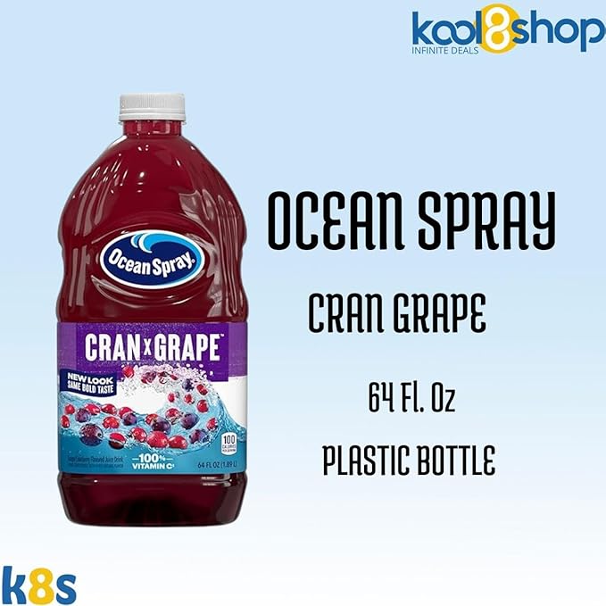 Ocean Spray Cran Grape Fruit Juice Drink 64 fl oz Plastic Bottle 4 Pack + 15 Sugarcane Disposable Straws by KOOL8SHOP Infinite Deals