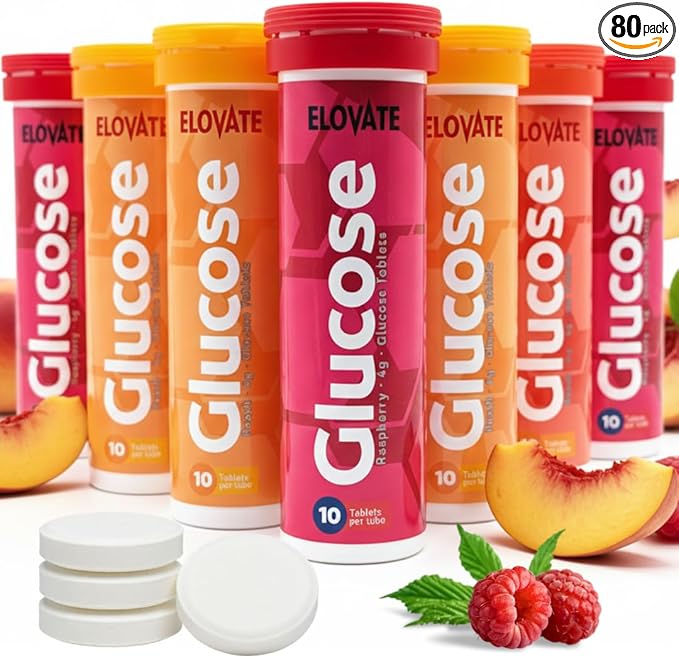 ELOVATE Fast Acting Glucose Tablets Peach &amp Raspberry Variety – Raise Low Blood Sugar 15g Per Serving Chewable Gluten Free – 8 Tubes (80 Count Multiflavor)