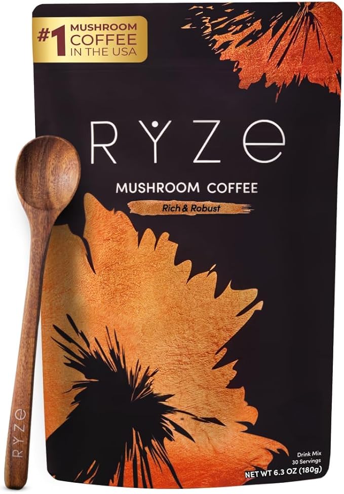RYZE SUPERFOODS Dark Roast RYZE n Shine Bundle Instant Mushroom Coffee + Probiotic Coffee Creamer with 6 Adaptogenic Mushrooms Prebiotic+Probiotic Blends Energy Focus Digestion Immunity 30 sv each
