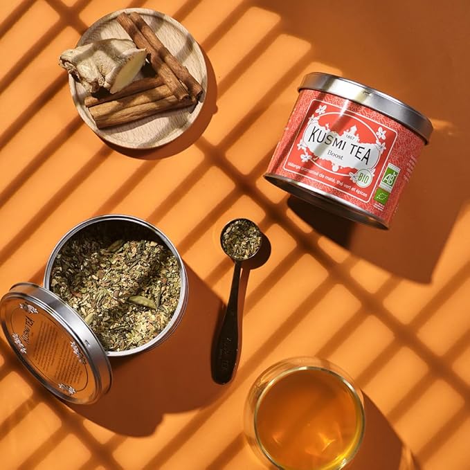 Kusmi Tea - Boost - Organic Blend of Green Tea Mate &amp Spices - Flavored with Cinnamon Cardamom &amp Ginger - Loose Leaf Tea - Tin Box of 3.5 oz - Quantity for about 50 cups