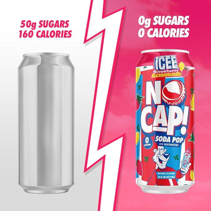 NO CAP! Next Gen Soda Pop Strawberry Lemonade with Electrolytes for Hydration Zero Sugar Zero Calories Caffeine-Free Soda Vegan &amp Gluten-Free 16 oz Cans (12-Pack)