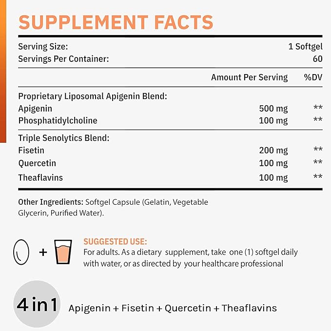 Liposomal apigenin 500mg Softgels - Optimal Apigenin Supplement with Fisetin Quercetin and Theaflavins - 4 Month Supply