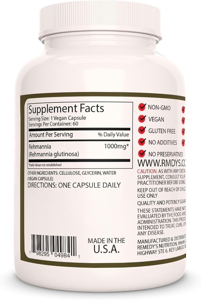 Remedy's nutrition Rehmannia Root - 1000 mg 60 Vegan Capsules Herbal Dietary Supplement - 2 Month Supply