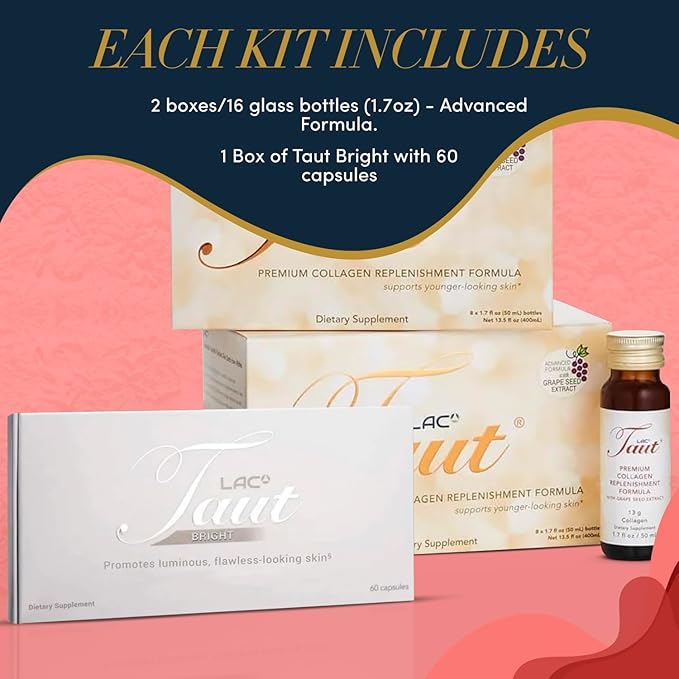 TAUT Marine Collagen Drink 13000mg with Hyaluronic Acid Liquid Collagen Supplement 16 Glass Bottles (1.7oz Each) Bright 60 Capsules for Women Vitamins &amp Antioxidants for Radiant Skin