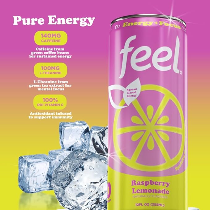 FEEL Zero Sugar Natural Energy Drink – Raspberry Lemonade 140mg Plant-Based Caffeine with L-Theanine for Focus Vitamin C for Immunity Vegan Non-GMO No Artificial Sweeteners 12 Fl Oz Cans (12-Pac