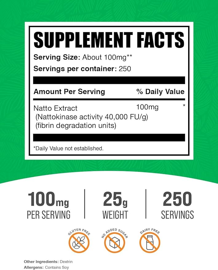 BulkSupplements.com Nattokinase Powder - Natto Powder Nattokinase Supplement Nattokinase 4000 FU - Sourced from Natto Extract 100mg per Serving 25g (0.88 oz) (Pack of 1)