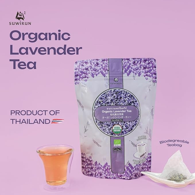 Suwirun Organic Lavender Tea 25 Bags – 100% Lavender Flowers – Aromatic &amp Calming Caffeine-Free – Supports Stress Relief Relaxation &amp Better Sleep