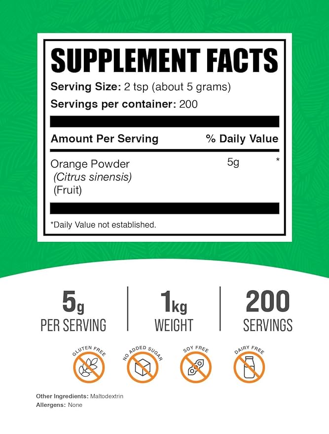BulkSupplements.com Orange Powder - Orange Fruit Powder Nutrient-Rich Flavoring - Gluten Free 5g per Serving 1kg (2.2 lbs) (Pack of 1)