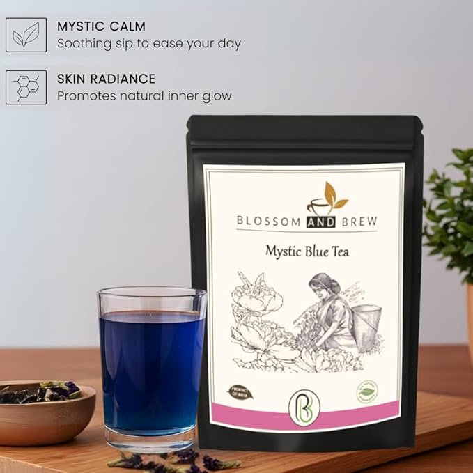 Blossom &amp Brew Mystic Blue Tea – Pure Natural Caffeine-Free | Non-GMO Vegan Gluten-Free | Blue Herbal Tea for Iced Drinks Cocktails Hot Brews and Coloring 2.47 Oz