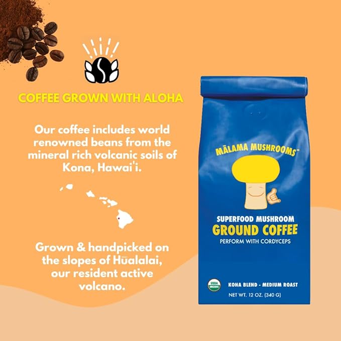 Cordyceps Coffee by Malama Fruiting Body Cordyceps Mushrooms blended with Kona Coffee Superfood Adaptogenic Mushroom Extract with Fair Trade Coffee Medium Roast Ground Coffee 12 oz