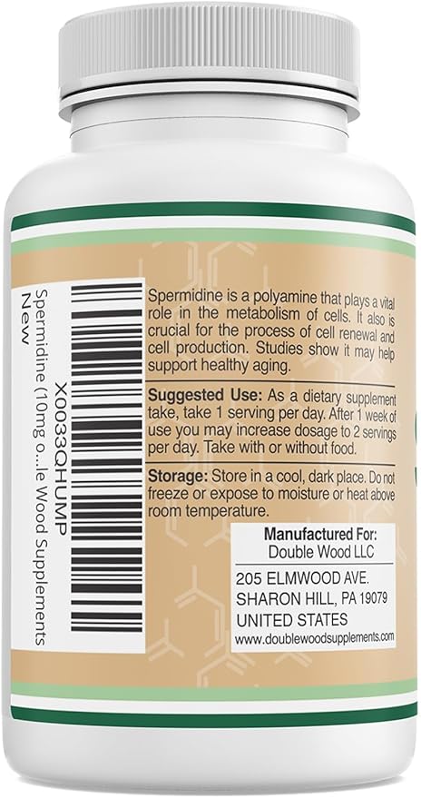Spermidine Supplement (10mg of 99% Spermidine 3HCL - Third Party Tested) 120 Capsules - Over 100x More Potent Than Wheat Germ Extract for Cell Membrane Telomere Health and Aging by Double Wood