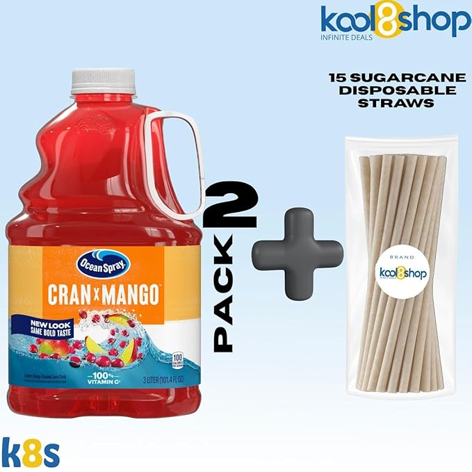 Ocean Spray Cran Mango Juice Drink 101.4 fl oz Plastic Bottles 2 Pack + 15 Sugarcane Disposable Straws by KOOL8SHOP Infinite Deals