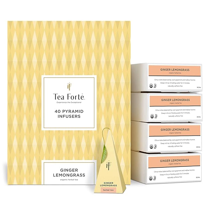 Tea Forte Ginger Lemongrass Premium Caffeine-Free Herbal Tea Blend Event Box Bulk Pack 40 Count 10 per tray Individually Wrapped Handcrafted Pyramid Infusers
