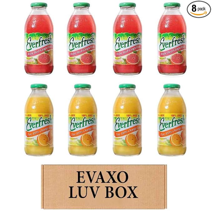 LUV BOX- variety Everfresh Juice 16 oz. pack of 8 Everfresh Ruby Red Grapefruit Everfresh 100% Orange Juice. by evaxo
