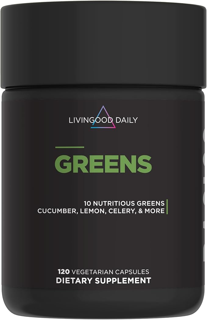 Livingood Daily Greens Capsules Super Greens Supplement with Spirulina Chlorella Broccoli Spinach Celery Lemon &amp More Plant Based for Digestion &amp Gut Health Non GMO Vegetarian 120 Ct