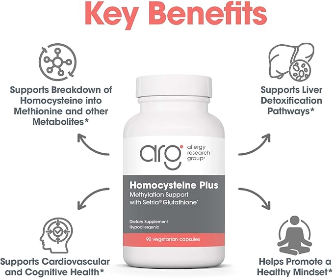 Allergy Research Group Homocysteine Plus Supplement - with Setria Glutathione Vitamin B Complex Trimethylglycine Vegetarian Capsules - 90 Count