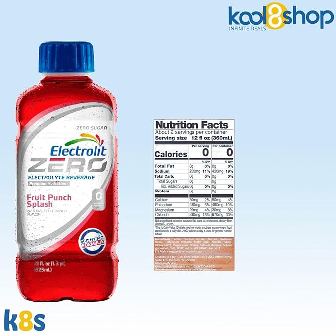 Electrolit Zero Fruit Punch Splash Hydration Drink with Electrolytes 21 fl oz Plastic Bottle 9 Pack + 1 Microfiber Cooling Towel by KOOL8SHOP Infinite Deals
