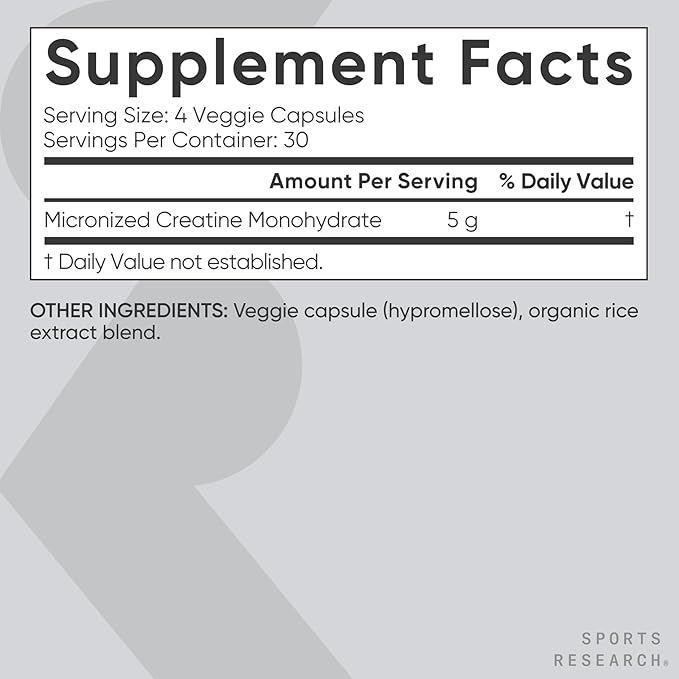 Sports Research® Creatine Monohydrate Capsules - Supports Workout Recovery Lean Muscle gain Performance and Strength* - Non-GMO Vegan Certified - 5g per Servings - 30 Servings