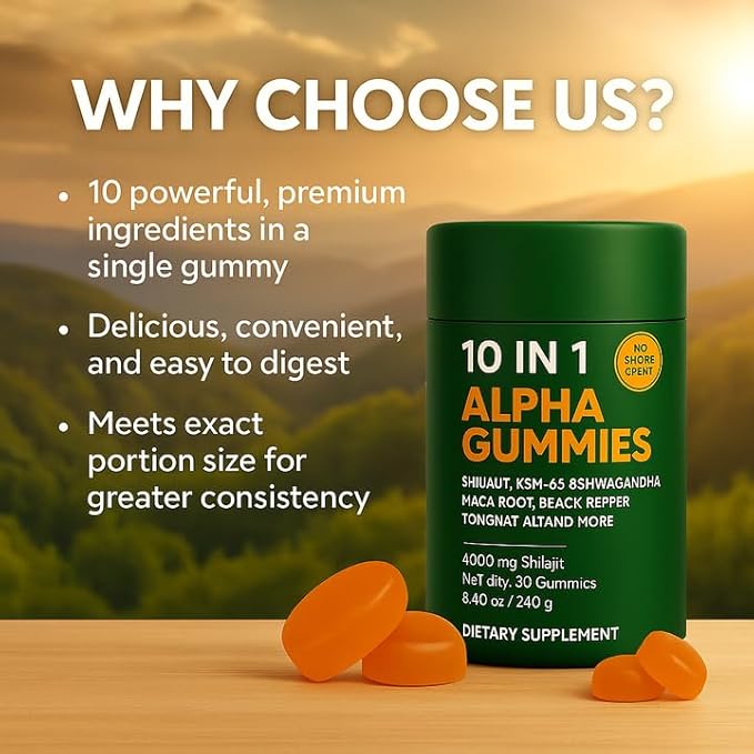 Alpha Gummies 10 in 1 for Men | 4000mg Himalayan Alpha Shilajit Gummies for Energy &amp Immune | 75% Fulvic Acid 85+ Trace Minerals Ashwagandha Gokshura | No Added Sugar Non-GMO 60 Count (1)