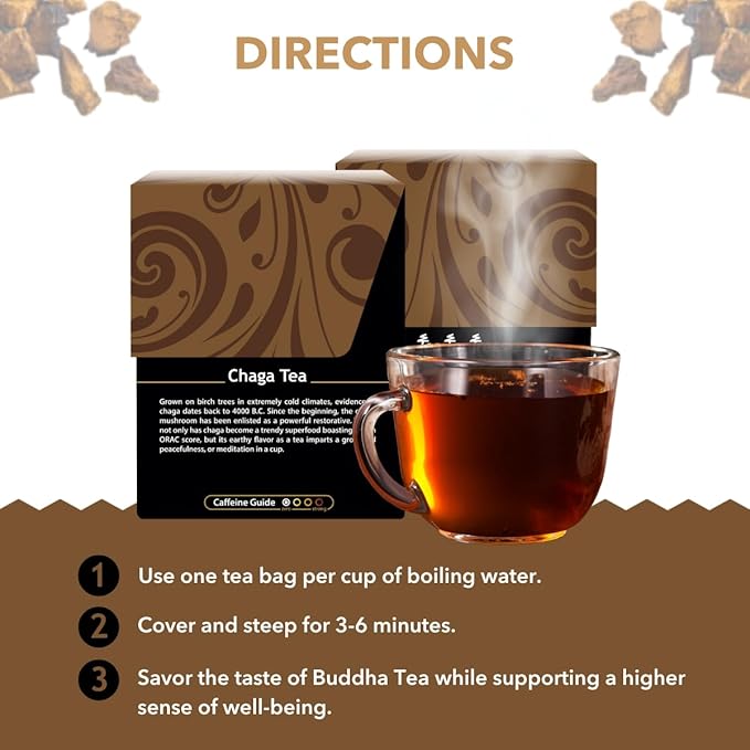 Buddha Teas - Chaga Tea - Organic Herbal Tea - For Cognitive Balance &amp Overall Health - With Chaga Mushroom Antioxidants &amp B Vitamins - Caffeine Free - 100% Kosher &amp Non-GMO - 18 Tea Bags