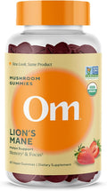 OM MUSHROOM SUPERFOOD Lion’s Mane Mushroom Gummies – USA Grown Organic Lion’s Mane – Supports Memory Focus &amp Cognitive Health – Strawberry Flavor – 30 Servings 60 Count.