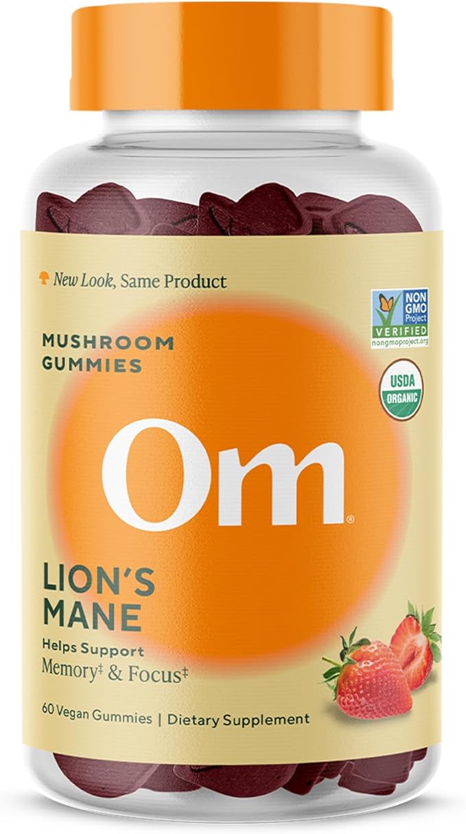 OM MUSHROOM SUPERFOOD Lion’s Mane Mushroom Gummies – USA Grown Organic Lion’s Mane – Supports Memory Focus &amp Cognitive Health – Strawberry Flavor – 30 Servings 60 Count.