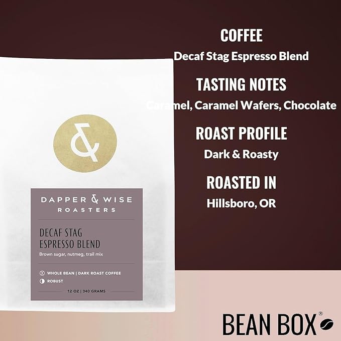 Decaf Stag Espresso Blend - Roasted by Dapper &amp Wise - Freshly Ground Coffee - 12 Ounce Bag