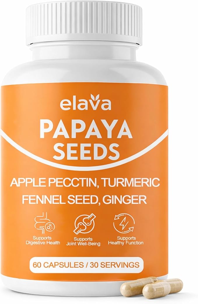 Elava Papaya Seeds Capsules Papaya Seeds Organic Digestive Herbal Blend with Turmeric Ginger Peppermint &amp Fennel Non-GMO Gluten &amp Lactose Free 60 Capsules