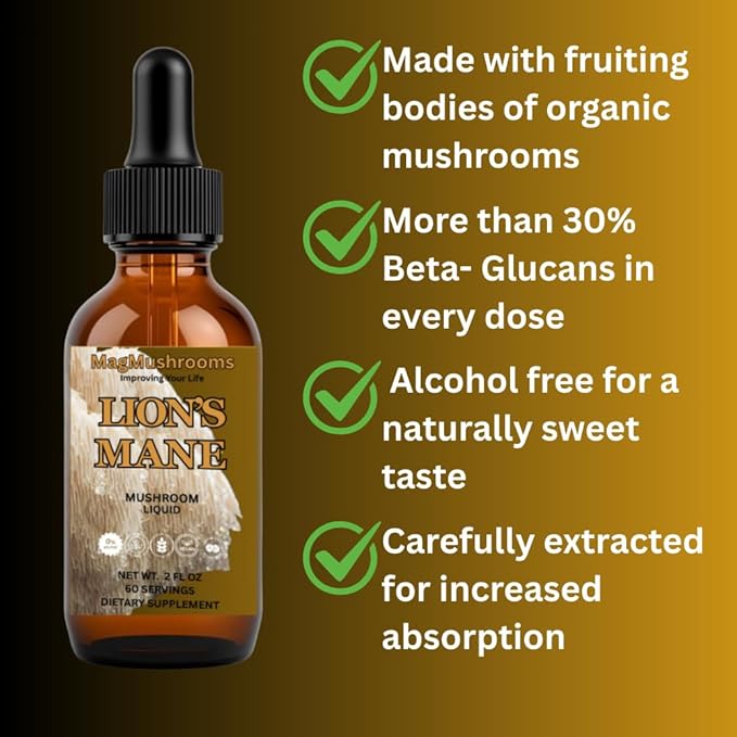 Lion’s Mane Mushroom Liquid Extract High Potency Alcohol Free 60 Daily Doses for Brain Health