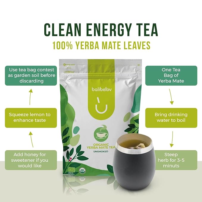 BALIBETOV Organic Unsmoked Yerba Mate Tea Bags – 100 Count Traditional Cut Clean Natural Energy Gluten-Free &amp Vegan Enjoy Hot or Cold