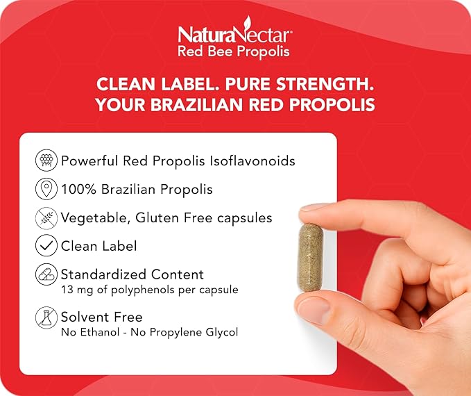 NaturaNectar - Red Bee Propolis Capsules - NSF Contents Certified Premium Brazilian Propolis - Gluten-Free Supplements with More Diverse Flavonoids &amp PWE - Sourced Through Ethical Beekeeping (60pc