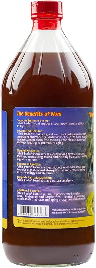 TAHITI TRADER (4-PK) Original High Potency Noni Juice - Pure Noni Fruit Juice with Blueberry &amp Raspberry - Organic Antioxidant Superfood Supporting Energy &amp Body Health - (32oz 4 Pack)