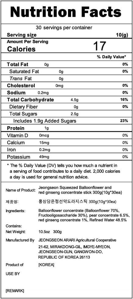 Korean Bellflower Root &amp Red Ginseng Concentrated Liquid Extract Sticks (Doraji) 10g x 30 Sticks (300g)