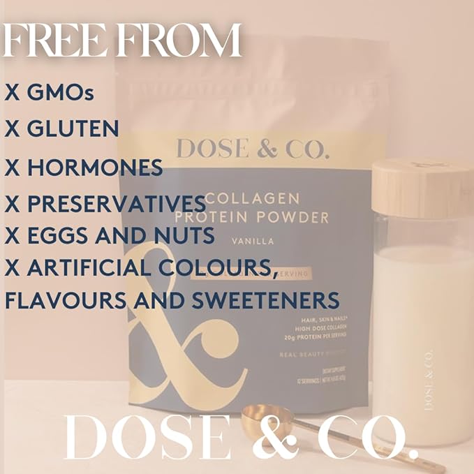 DOSE &amp CO. Collagen Protein Powder Vanilla 14.8 Oz | Hydrolyzed Type I &amp III Bovine Collagen with 20g Protein per Serving - Supports Muscle Recovery Hair Skin &amp Nails | Non-GMO &amp G