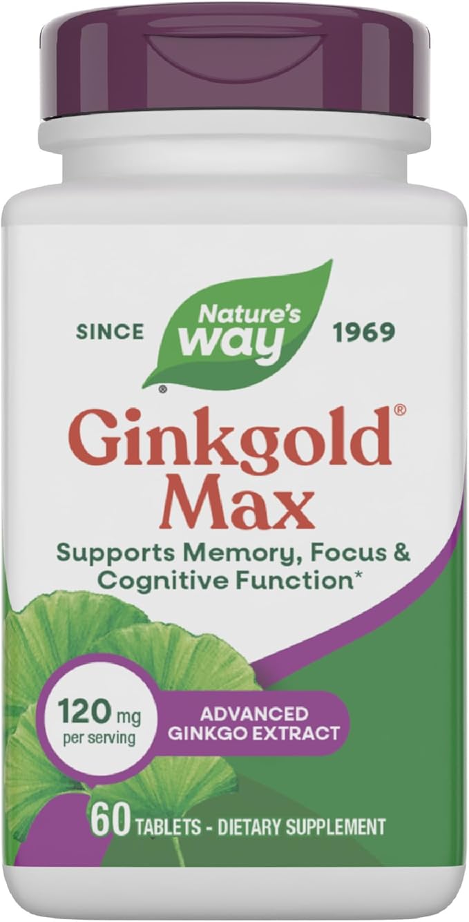 Nature's Way Ginkgold Max Advanced Ginkgo Extract Supports Concentration Cognitive Function* Memory and Focus* Gluten-Free Vegan 60 Vegan Tablets (Packaging May Vary)