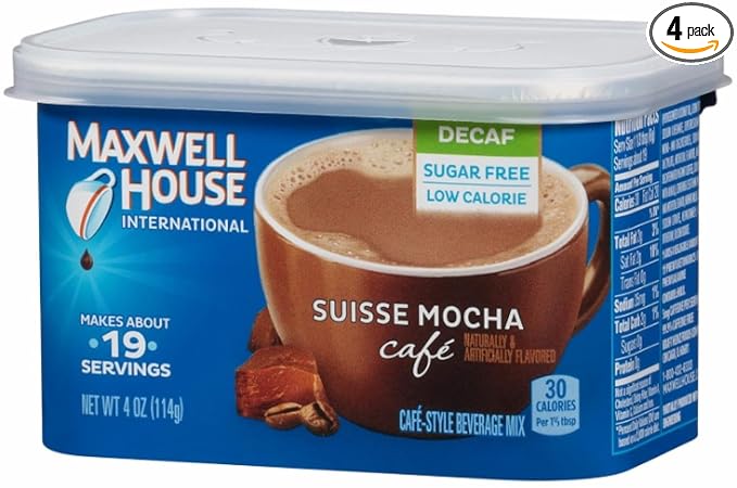 Maxwell House International Sugar-Free Decaf Suisse Mocha Beverage Mix 4 oz Tub 4 Pack 2 Packages (4 Tubs)