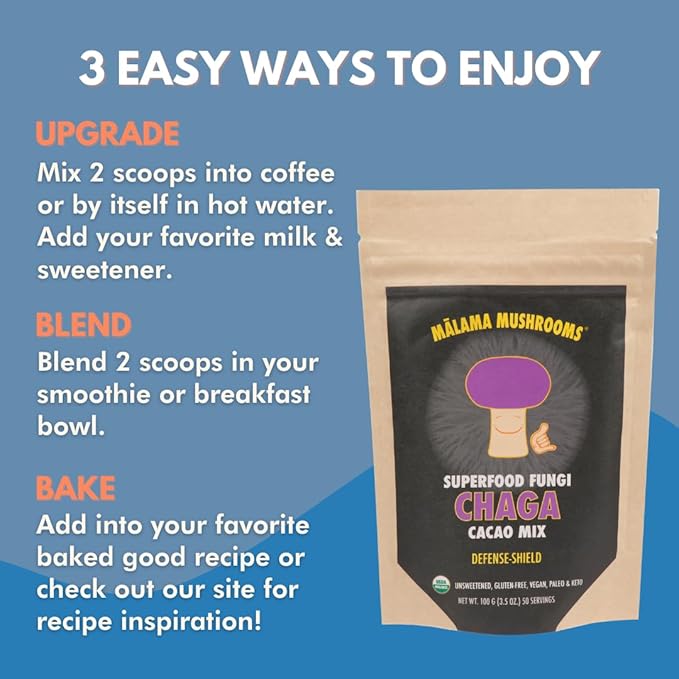 Malama Organic Mushroom Hot Cacao Mix Chaga Mushroom Powder with Fair Trade Cacao for Immune &amp Antioxidant Support – Vegan Supplement &amp Superfood Non GMO 3.5 oz (50 Servings)