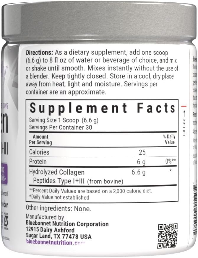 Bluebonnet Nutrition Beautiful Ally Collagen Powder Hydrolyzed Collagen from Grass Fed Cows Collagen Peptides Type 1 &amp 3 Non GMO Gluten Free Soy Free Milk Free 28 Servings Unsweetened 6.9