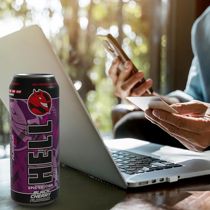 HELL BLACK CHERRY Energy Drink | +20% More Caffeine | Vitamins B2 B3 B6 B12 C &amp D | No Preservatives | Environmentally Friendly Packaging | 12 x 500 ml | Compatible with HELL Energy