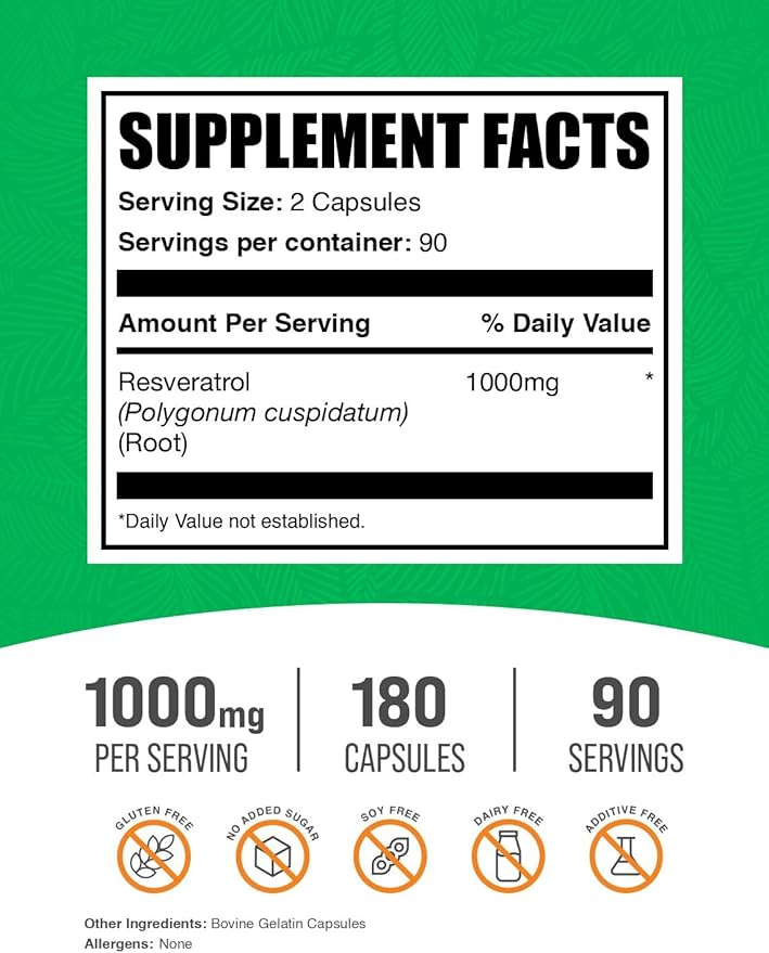 BulkSupplements.com Resveratrol Capsules - Resveratrol Supplement Antioxidants Supplement Resveratrol 1000mg - Gluten Free 2 Capsules per Serving 180 Count (Pack of 1)