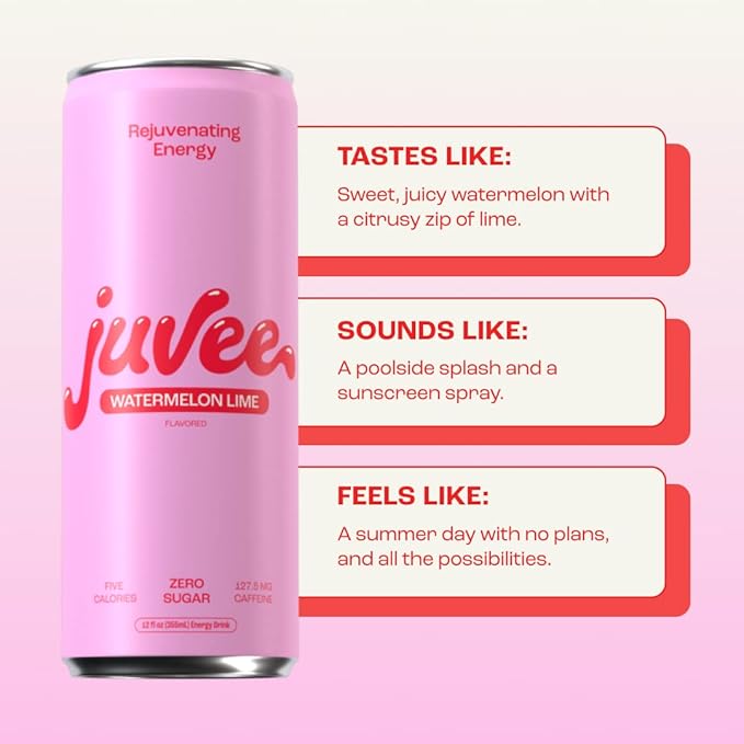 Kiwi Strawberry &amp Watermelon Lime Juvee Rejuvenating Energy Drink – 12 oz Cans Pack of 24 – Sugar Free 128mg Natural Caffeine per Can Low Calorie Clean Energy &amp Focus Support Zero Sugar