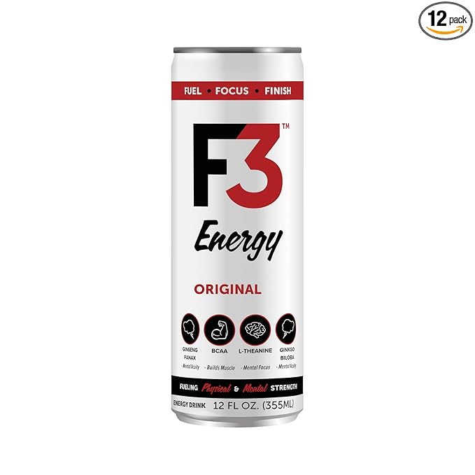 F3 Energy Original Energy Drink - Muscle Building Sports Drinks w/BCAA Panax Ginseng &amp Ginkgo Biloba - Natural Energy Drinks for Mental Focus &amp Muscle Recovery 125 mg Caffeine (12 pack)